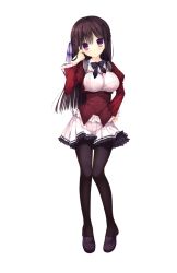 Rule 34 | 1girl, black pantyhose, blazer, bow, bowtie, brown hair, detached sleeves, frills, full body, hand on own hip, haruoto alice gram, highres, jacket, juliet sleeves, long hair, long sleeves, looking at viewer, mitha, official art, pantyhose, puffy sleeves, purple eyes, rindou yaya, school uniform, shoes, skirt, solo, standing, takanae kyourin, transparent background