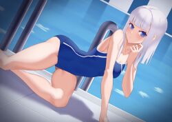 Rule 34 | 1girl, bare arms, bare legs, bare shoulders, blue eyes, blue one-piece swimsuit, blunt bangs, breasts, commentary request, feet out of frame, hand up, highres, jilu, long hair, looking at viewer, one-piece swimsuit, original, parted lips, pool, poolside, small breasts, solo, swimsuit, water, white hair