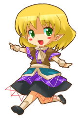 Rule 34 | 1girl, :d, black skirt, blonde hair, blush stickers, chibi, female focus, full body, green eyes, looking at viewer, michii yuuki, mizuhashi parsee, open mouth, pointy ears, running, short hair, skirt, smile, solo, tareme, touhou, traditional clothes, wrist cuffs