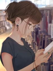 Rule 34 | 1girl, book, bookshelf, brown hair, earrings, glasses, highres, jewelry, library, long hair, mole, mole under eye, original, reading, saitou (lynx-shrike), shirt