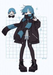 Rule 34 | 1girl, absurdres, black jacket, black pantyhose, blue hair, blue scarf, bob cut, bocchi the rock!, boots, chibi, chibi inset, commentary, cross-laced footwear, doc martens, dorarin, eating, full body, grid background, highres, jacket, lace-up boots, mole, mole under eye, oversized clothes, pantyhose, pigeon-toed, platform footwear, scarf, scarf over mouth, solo, sparkle, striped clothes, striped scarf, v, yamada ryo, yellow eyes