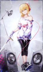 Rule 34 | 1girl, alternate costume, amplifier, aqua eyes, artoria pendragon (fate), blonde hair, collarbone, excalibur (fate/stay night), eyeliner, fate/stay night, fate/unlimited codes, fate (series), headphones, highres, holding, holding sword, holding weapon, labombardier!, looking at viewer, makeup, off shoulder, saber (fate), saber lily, shoes, smile, sneakers, solo, sword, union jack, weapon
