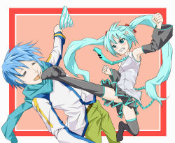 Rule 34 | 1boy, 1girl, anger vein, angry, aqua eyes, aqua hair, bad id, bad pixiv id, blue hair, blush, censored, clenched teeth, convenient censoring, hatsune miku, high kick, holding, holding clothes, holding panties, holding underwear, kaito (vocaloid), kicking, long hair, necktie, panties, scarf, short hair, skirt, striped clothes, striped panties, takabow, teeth, thighhighs, twintails, underwear, vocaloid, zettai ryouiki