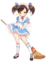 Rule 34 | &gt;:), 1girl, alternate costume, apron, bad id, bad pixiv id, broom, brown eyes, brown hair, byulzzi, cyphers, elbow gloves, enmaided, frilled apron, frills, gloves, hand on own hip, highres, holding, maid, maid apron, maid headdress, marlene (cyphers), short sleeves, signature, simple background, smirk, socks, solo, sparkle, star (symbol), twintails, v-shaped eyebrows, white background, white gloves, white socks
