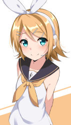 Rule 34 | 1girl, absurdres, adapted costume, bare shoulders, black sailor collar, blonde hair, blue eyes, blush, brown background, closed mouth, collarbone, commentary request, dress, hair between eyes, hair ornament, hair ribbon, hairclip, headset, highres, kagamine rin, kohakope, long hair, neckerchief, ribbon, sailor collar, sailor dress, sleeveless, sleeveless dress, smile, solo, two-tone background, upper body, vocaloid, white background, white dress, white ribbon, yellow neckerchief