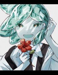 1other black_necktie blue_eyes blue_hair blue_mouth collared_shirt commentary_request crystal_hair eye_reflection floating_hair flower glint half-closed_eyes hand_on_own_head highres holding holding_flower houseki_no_kuni letterboxed looking_at_viewer necktie open_mouth phosphophyllite red_flower reflection shiro_(kuro_guu) shirt short_hair short_sleeves simple_background smile solo translucent_hair tucking_hair upper_body white_background white_shirt wide_sleeves