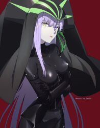 Rule 34 | 1girl, black bodysuit, bodysuit, breasts, crossed arms, fate/grand order, fate (series), green ribbon, hair ribbon, headdress, heterochromia, highres, house tag denim, kingprotea (fate), large breasts, long hair, looking at viewer, purple eyes, purple hair, red background, ribbon, solo, tongue, tongue out, veil, very long hair, xochitonal (fate), yellow eyes