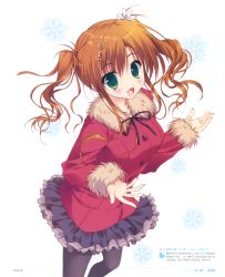 Rule 34 | 1girl, absurdres, blush, bow, bowtie, brown hair, coat, fang, fingernails, flower, fur trim, green eyes, hair flower, hair ornament, hairclip, hana x hana, highres, layered skirt, long sleeves, looking at viewer, narumiya hana, official art, open mouth, page number, pantyhose, pleated skirt, ryouka (suzuya), scan, simple background, skirt, snowflakes, solo, winter clothes, winter coat