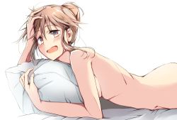Rule 34 | 1girl, :o, ass, bad id, bad pixiv id, bed sheet, blush, breasts, completely nude, floating hair, from side, hair bun, hand in own hair, highres, idolmaster, idolmaster million live!, looking at viewer, looking to the side, lying, nude, hugging object, on stomach, pillow, pillow hug, sideboob, simple background, single hair bun, solo, tenkuubashi tomoka, totsukatsuka (soratobasi), white background