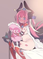 Rule 34 | 1girl, armor, asymmetrical horns, bed, bed sheet, bikini armor, black gloves, black thighhighs, blade (galaxist), blue eyes, blush, boots, cape, claws, closed mouth, commentary request, curled horns, dragon girl, dragon horns, dragon tail, elbow gloves, elizabeth bathory (fate), fate/grand order, fate (series), gloves, horns, hugging object, indoors, knee boots, long hair, looking at viewer, navel, on bed, pillow, pillow hug, pink hair, pointy ears, sitting, smile, solo, surprised, sweatdrop, tail, thighhighs, two side up, uneven horns, yes-no pillow