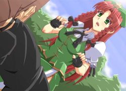 Rule 34 | 1girl, breasts, china dress, chinese clothes, dress, female focus, hat, hong meiling, long hair, lowres, nature, outdoors, plant, red hair, ribbon, shin&#039;ya (nanp), skirt, sky, solo, touhou
