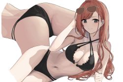 Rule 34 | 1girl, arisugawa natsuha, ass, bikini, black bikini, black eyes, breasts, closed mouth, earrings, eyewear on head, female focus, gin00, hand up, idolmaster, idolmaster shiny colors, jewelry, large breasts, long hair, looking at viewer, lying, multiple views, navel, on side, red hair, simple background, smile, straight hair, sunglasses, swimsuit, thighs, white background