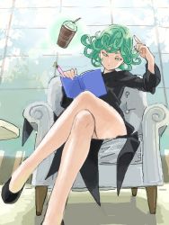 Rule 34 | 1girl, bare legs, black dress, book, chair, coffee, couch, curly hair, dress, drink, drinking straw, easy chair, floating, green eyes, green hair, indesign, legs, crossed legs, long legs, one-punch man, open book, psychic, reading, shoes, sitting, tatsumaki, telekinesis, thighs, window