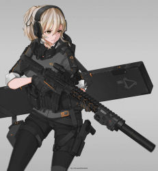 Rule 34 | 1girl, bandaid, bandaid on face, chinese robot kid, eotech, gas mask, girls&#039; frontline, grey background, gun, weapon case, headset, highres, laser sight, pantyhose under shorts, load bearing vest, lvoa-c, mask, original, pantyhose, patch, rifle, shorts, simple background, suppressor, thigh strap, thighhighs, trigger discipline, weapon
