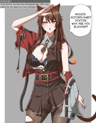 Rule 34 | 1girl, absurdres, animal ears, arknights, black dress, black necktie, black skirt, breasts, brown hair, burnt clothes, cat ears, cat girl, cat tail, cleavage, commentary request, cowboy shot, detached sleeves, dress, earrings, english text, fire, grey background, grey jacket, highres, jacket, jewelry, large breasts, looking at viewer, necktie, open clothes, open jacket, orange eyes, pantyhose, pleated skirt, skirt, skyfire (arknights), solo, speech bubble, striped necktie, symmetricturd, tail, thighband pantyhose, torn clothes, torn pantyhose, vertical-striped clothes, vertical-striped necktie