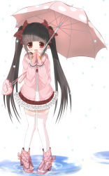 Rule 34 | 1girl, animal print, arms up, bag, bear print, black hair, blush, bow, gloves, hair bow, hand to own mouth, haru (nature life), jacket, long hair, mittens, open mouth, original, pink gloves, pink mittens, polka dot, puddle, rain, red eyes, shoulder bag, skirt, smile, solo, thighhighs, twintails, umbrella, water, white thighhighs, zettai ryouiki