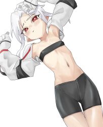 1girl absurdres bike_shorts blush commission flat_chest highres jank365m looking_at_viewer lying navel on_back original parted_lips pixiv_commission red_eyes shrug_(clothing) simple_background solo strapless thigh_gap tube_top white_background white_hair