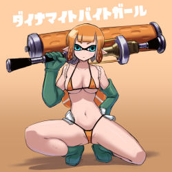 Rule 34 | 1girl, adapted costume, bikini, blue eyes, blunt bangs, boots, breasts, check commentary, closed mouth, commentary request, dynamo roller (splatoon), elbow gloves, frown, full body, gloves, green footwear, green gloves, hand on own hip, holding, holding weapon, inkling, inkling girl, inkling player character, kurakumo nue, lifebuoy, looking at viewer, medium breasts, micro bikini, navel, nintendo, orange background, orange bikini, orange hair, over shoulder, partial commentary, pointy ears, rubber boots, rubber gloves, salmon run (splatoon), shaded face, short hair, solo, splatoon (series), splatoon 2, squatting, string bikini, swim ring, swimsuit, weapon, weapon over shoulder