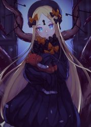 Rule 34 | 1girl, abigail williams (fate), bad id, bad pixiv id, black bow, black dress, black hat, blonde hair, blue eyes, bow, closed mouth, commentary request, dark, dress, fate/grand order, fate (series), glowing, glowing eyes, hair bow, hands in opposite sleeves, hat, head tilt, highres, holding, holding stuffed toy, key, keyhole, long hair, long sleeves, looking at viewer, odeng touken, orange bow, parted bangs, polka dot, polka dot bow, solo, stuffed animal, stuffed toy, teddy bear, tentacles, very long hair