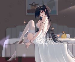 Rule 34 | 1girl, absurdres, azur lane, back, bare shoulders, black hair, blush, braid, breasts, hair ornament, high heels, highres, icycore, large breasts, long hair, looking at viewer, red eyes, sideboob, sitting, solo, taihou (azur lane), taihou (temptation on the sea breeze) (azur lane), thighhighs, white thighhighs