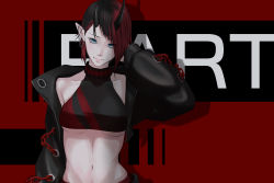 Rule 34 | 1girl, arm behind head, black hair, black jacket, black sports bra, blue eyes, breasts, chain, closed mouth, cropped jacket, demon girl, demon horns, ear chain, ear piercing, eyes visible through hair, highres, horns, jacket, looking at viewer, medium breasts, midriff, multicolored hair, nanashi inc., navel, open clothes, open jacket, piercing, pointy ears, red hair, red sports bra, ryugasaki rene, ryugasaki rene (1st costume), short hair, smile, solo, sports bra, sugar lyric, suiso hatake, two-tone hair, underboob, upper body, virtual youtuber