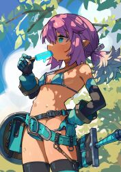 Rule 34 | 1girl, @ @, armor, belt, bikini armor, blue eyes, blue sky, breasts, commentary, detached sleeves, elf, fantasy, food, gauntlets, green eyes, greentanuki, hair between eyes, hand on own hip, highres, multicolored hair, navel, original, oversized belt, oversized breast cup, oversized clothes, pink hair, pointy ears, ponytail, popsicle, scabbard, sheath, shield, sky, small breasts, sweat, sweatdrop, sword, thighhighs, weapon