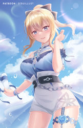 Rule 34 | 1girl, :d, belt, black belt, black bow, blonde hair, blue eyes, blue shirt, blue sky, bow, breasts, cloud, commentary request, cowboy shot, day, flip-flops, genshin impact, hair between eyes, hair bow, hand up, high-waist shorts, highres, holding, holding clothes, holding footwear, jean (genshin impact), large breasts, lens flare, long hair, looking at viewer, open mouth, partial commentary, sandals, sebu illust, shirt, short shorts, shorts, sky, smile, solo, standing, thighs, white shorts
