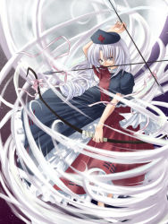 Rule 34 | 1girl, arrow (projectile), arrow in mouth, ayase hazuki, bow (weapon), dress, female focus, frilled dress, frills, hat, long hair, mouth hold, nurse cap, parted bangs, silver hair, solo, touhou, weapon, yagokoro eirin