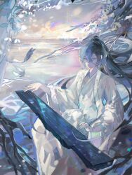 1boy aqua_eyes bird black_eyes black_hair blmbot13 branch cloud coat guqin hanfu heterochromia high_ponytail highres hong_lu_(project_moon) lake limbus_company long_hair long_sleeves project_moon sitting solo sun tree very_long_hair white_coat white_hanfu wide_sleeves