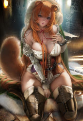 Rule 34 | 1girl, absurdres, animal ears, artist name, belt, blunt bangs, blush, boots, breasts, brown hair, cleavage, half-closed eyes, highres, kneeling, large breasts, long hair, long sleeves, looking at viewer, open mouth, parted lips, patreon username, purple eyes, raccoon ears, raccoon girl, raccoon tail, raphtalia, red ribbon, ribbon, sakimichan, signature, sitting, skindentation, slave tattoo, solo, sweat, tail, tate no yuusha no nariagari, tattoo, thigh boots, thighhighs, thighs, watermark, web address