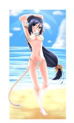Rule 34 | 1girl, absurdly long hair, animal ears, aquaplus, arms up, bare arms, bare legs, barefoot, bikini, black hair, breasts, cat tail, cleavage, hair between eyes, high ponytail, highres, kuon (utawarerumono), large breasts, long hair, looking at viewer, low-tied long hair, open mouth, ponytail, raised eyebrows, side-tie bikini bottom, sidelocks, sleeveless, solo, standing, standing on one leg, swept bangs, swimsuit, tail, toned, toned female, toned stomach, underboob, utawarerumono, utawarerumono: itsuwari no kamen, very long hair, water, white tail, x48iaim2, yellow eyes
