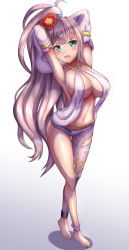 Rule 34 | 1girl, arm behind head, armpits, bare shoulders, barefoot, blue eyes, breasts, curvy, detached sleeves, dungeon and fighter, artistic error, female focus, flower, full body, gradient background, hair ornament, highres, large breasts, long hair, looking at viewer, lotpe, nail polish, navel, open mouth, pants, ponytail, simple background, solo, standing, toenail polish, toenails, toes, torn clothes, very long hair