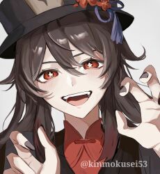 Rule 34 | 1girl, :d, black nails, bright pupils, brown hair, commentary, flower, flower-shaped pupils, genshin impact, grey background, hands up, hat, hat flower, hat tassel, highres, hu tao (genshin impact), light blush, long hair, looking at viewer, moi (kinmokusei53), open mouth, portrait, red eyes, red shirt, shirt, simple background, smile, solo, symbol-shaped pupils, teeth, twitter username, upper teeth only, white pupils