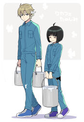 Rule 34 | 1boy, 1girl, 7100potechi, ^ ^, absurdres, ahoge, amatori chika, arms at sides, black hair, blouse, blue footwear, blue pants, blue shirt, bob cut, brown hair, bucket, closed eyes, closed mouth, expressionless, full body, grey background, hair between eyes, height difference, highres, holding, holding bucket, horns, hyuse, light brown hair, long sleeves, matching outfits, paint, paint can, paint on clothes, pants, purple footwear, shirt, shoes, short hair, side-by-side, smile, sneakers, sweatdrop, v arms, walking, white background, world trigger
