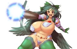 Rule 34 | 1girl, :d, arm cannon, armor, belly, blue hair, blush, bouncing breasts, bow, breasts, brown eyes, curvy, d.koutya, female pubic hair, hair bow, huge breasts, long hair, looking at viewer, navel, open mouth, pasties, plump, pubic hair, reiuji utsuho, reverse bikini armor, reverse outfit, round teeth, smile, solo, teeth, thick thighs, thighhighs, thighs, third eye, touhou, transparent background, weapon, wings