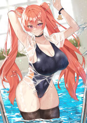 Rule 34 | 1girl, absurdres, black choker, black one-piece swimsuit, black thighhighs, breasts, choker, collarbone, competition swimsuit, covered erect nipples, fang qiao, hair between eyes, highres, large breasts, long hair, looking at viewer, mirolive, one-piece swimsuit, partially submerged, pink eyes, pool, red hair, solo, swimsuit, tabasuko (mirolive), thighhighs, thighs, twintails, virtual youtuber, water, wet