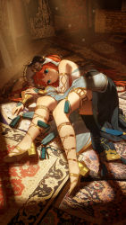 Rule 34 | 1girl, absurdres, bare shoulders, blue eyes, blunt bangs, closed mouth, detached sleeves, flower, forehead jewel, full body, genshin impact, highres, horns, indoors, long hair, long sleeves, looking at viewer, lying, nilou (genshin impact), on side, orange hair, puffy long sleeves, puffy sleeves, rug, sandals, solo, starsd, thighlet, veil, very long hair, yellow flower