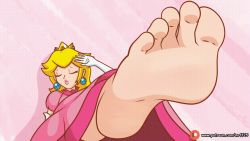 Rule 34 | 1girl, animated, animated gif, barefoot, blonde hair, blue eyes, dress, earrings, english text, feet, foot focus, jewelry, long hair, looking at viewer, mario (series), mrff25, nail polish, nintendo, one eye closed, pink dress, pink nails, princess peach, smile, soles, solo, super mario bros. 1, toe scrunch, toenail polish, toenails, toes