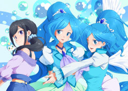 Rule 34 | 1girl, :d, bird, black hair, blue dress, blue eyes, blue hair, blue scrunchie, blush, cure fontaine, cure fontaine (healin&#039; good style), dress, from side, hair ornament, hair scrunchie, healin&#039; good precure, highres, long hair, looking at viewer, looking back, magical girl, multiple persona, open mouth, pegitan (precure), penguin, ponytail, precure, purple eyes, sawaizumi chiyu, scrunchie, shiruppo, smile, spoilers, standing, tiara, upper body, wings