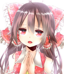 Rule 34 | 1girl, ahoge, ascot, bad id, bad pixiv id, bow, brown hair, colorized, detached sleeves, fang, female focus, hair bow, hair tubes, hakurei reimu, own hands clasped, long hair, looking at viewer, open mouth, own hands together, red eyes, solo, touhou, white background, yamasuta