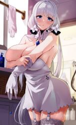 Rule 34 | 1girl, absurdres, azur lane, blue eyes, blurry, blurry background, blush, breasts, cleavage, commentary request, commission, cowboy shot, dress, garter straps, gloves, hair ornament, highres, holding, holding jewelry, holding necklace, illustrious (azur lane), indoors, jewelry, large breasts, long hair, mole, mole under eye, necklace, parted lips, pixiv commission, removing glove, solo, thighhighs, twintails, unworn gloves, wee (weeyy), wet, white dress, white garter straps, white gloves, white hair, white thighhighs