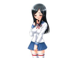 Rule 34 | 1girl, black hair, brown eyes, elle murakami, long hair, netorare okusama wa shojo kousei, saki (netorare okusama wa shojo kousei), school uniform, solo, thighhighs, white thighhighs