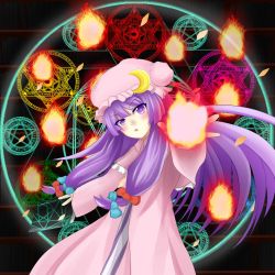 Rule 34 | 1girl, aiming, aiming at viewer, black background, bow, crescent, crescent hair ornament, danmaku, double bun, dress, fire, foreshortening, greek text, hair bow, hair bun, hair ornament, hat, hat ribbon, head tilt, hexagram, highres, light purple hair, long hair, looking at viewer, magic circle, mob cap, open mouth, patchouli knowledge, pentagram, purple eyes, ribbon, robe, shinon ruku, sidelocks, sleeves past wrists, solo, striped clothes, striped dress, touhou, very long hair