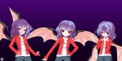 Rule 34 | 1girl, alphes (style), alternate costume, bat wings, blue hair, blush, casual, contemporary, denim, female focus, hand on own hip, hip focus, jacket, jeans, kaoru (gensou yuugen-an), no headwear, pants, parody, red eyes, remilia scarlet, short hair, simple background, slit pupils, style parody, touhou, wings