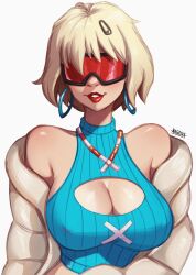 Rule 34 | 1girl, artist name, bare shoulders, blonde hair, blue sweater, breasts, cleavage, cleavage cutout, clothing cutout, covered erect nipples, cropped sweater, earrings, evie (fortnite), fortnite, goggles, hair ornament, highres, hoop earrings, jacket, jewelry, large breasts, looking at viewer, magaska19, off shoulder, official alternate costume, official alternate hairstyle, red-tinted eyewear, red lips, ribbed sweater, short hair, simple background, ski goggles, snow goggles, solo, summitseeker evie (fortnite), sweater, tinted eyewear, upper body, white background, white jacket