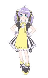 Rule 34 | 1girl, :&gt;, apron, black footwear, black jacket, blue eyes, blush, closed mouth, commentary request, cropped jacket, frilled wrist cuffs, frills, full body, hair ribbon, hands on own hips, head tilt, highres, jacket, looking at viewer, magari (c0rn3r), medium hair, mochi hiyoko, mochipro, neck ribbon, open clothes, open jacket, platform footwear, purple hair, ribbed socks, ribbon, shirt, short sleeves, simple background, skirt, smile, socks, solo, standing, striped clothes, striped skirt, twintails, two-tone ribbon, v-shaped eyebrows, virtual youtuber, white background, white shirt, white socks, wrist cuffs, yellow apron, yellow ribbon