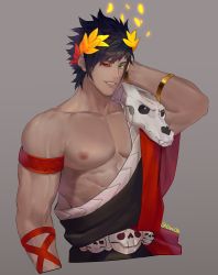 Rule 34 | 1boy, abs, ancient greek clothes, armlet, bara, black hair, collarbone, greco-roman clothes, green eyes, hades (series), hades 1, heterochromia, highres, laurel crown, male focus, medium hair, muscular, nipples, pectorals, red eyes, single bare shoulder, skull, smile, solo, spiked hair, zagreus (hades), zhineart
