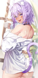 Rule 34 | 1girl, absurdres, ahoge, animal collar, animal ear fluff, animal ears, ass, back, bare shoulders, black collar, blush, breasts, cat ears, cat girl, cat tail, cleavage, collar, from behind, hair between eyes, highres, hololive, large breasts, looking back, naked shirt, nekomata okayu, nekomata okayu (oversized shirt), official alternate costume, open mouth, purple eyes, purple hair, raag jp, shirt, short hair, solo, tail, virtual youtuber, white shirt