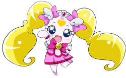 Rule 34 | 10s, blonde hair, blue eyes, bow, bowtie, brooch, candy (smile precure!), creature, cure candy, dress, facial mark, full body, heart, heart facial mark, hoshizora miyuki, jewelry, long hair, magical girl, no humans, pink bow, pink dress, pink skirt, precure, sinko (sinsin), skirt, smile, smile precure!, standing, standing on one leg, twintails, white background