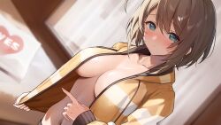Rule 34 | 1girl, absurdres, ahoge, aogiri koukou, aqua eyes, blurry, blurry background, blush, breasts, brown hair, closed mouth, collarbone, commentary request, dutch angle, highres, indoors, jacket, kkix25, kurikoma komaru, large breasts, long sleeves, looking at viewer, navel, open clothes, open jacket, pointing, short hair, solo, stomach, striped clothes, striped jacket, sweat, virtual youtuber, yellow jacket